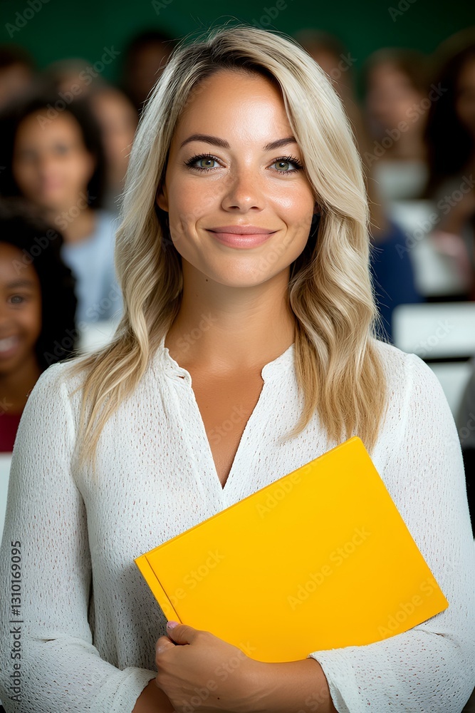 Professional female educator in a white blouse standing among students, holding a yellow notebook. Professional female educator in a white blouse standing among students, holding a yellow notebook.