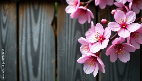 Pink cherry blossoms and their stems against a rustic wooden fence, pink cherry blossom, nature, blooming flower