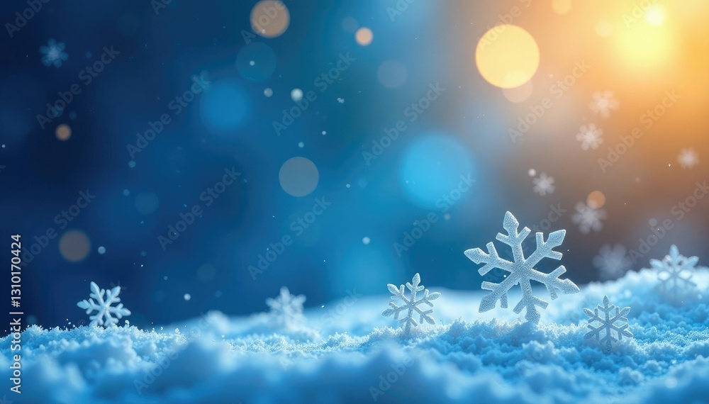 Snowflakes falling on a blue and gold background with a subtle gradient effect, blue, snowflake, cold Snowflakes falling on a blue and gold background with a subtle gradient effect, blue, snowflake, cold