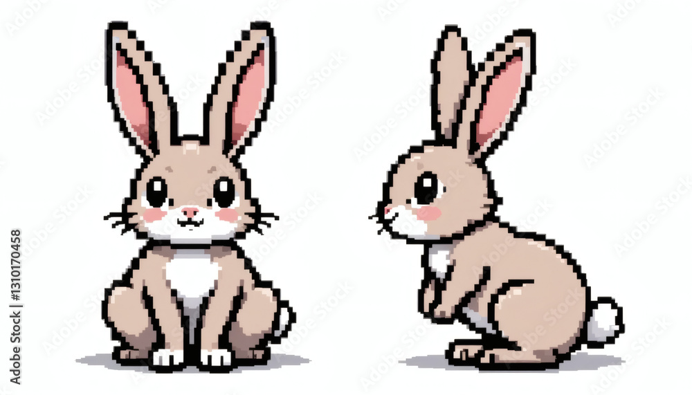 Fototapeta premium Retro game-style pixelated 8-bit rabbit with long ears, sitting front-facing and hopping side profile, isolated on a white background for a nostalgic pixel art vibe.