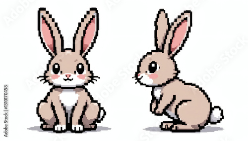 Retro game-style pixelated 8-bit rabbit with long ears, sitting front-facing and hopping side profile, isolated on a white background for a nostalgic pixel art vibe.