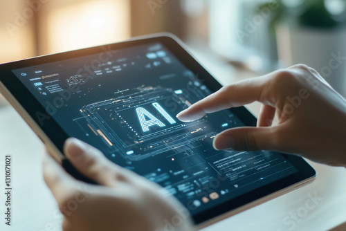 A person interacting with an AI-powered tablet, showcasing futuristic artificial intelligence integration in digital devices.
