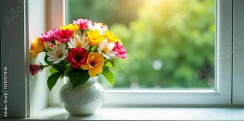 Spring bouquet of colorful flowers on windowsill, window, flowers, vase