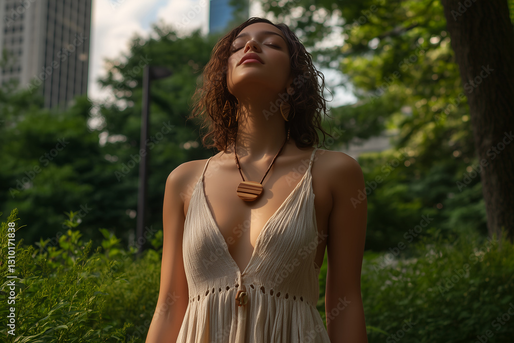 Sustainable fashion model in organic cotton dress with wooden jewelry in urban park Sustainable fashion model in organic cotton dress with wooden jewelry in urban park