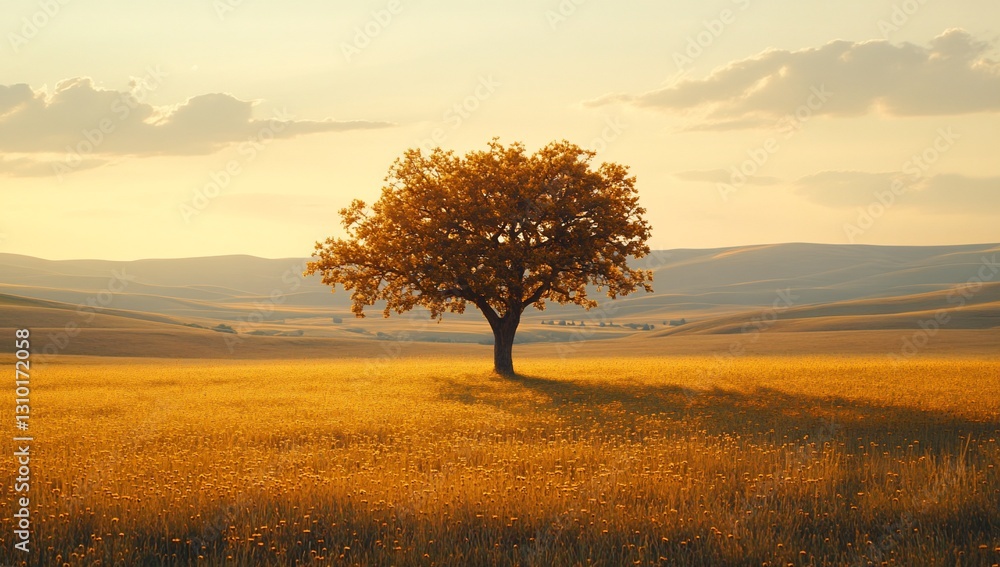 Obraz premium Solitary tree in golden field at sunset