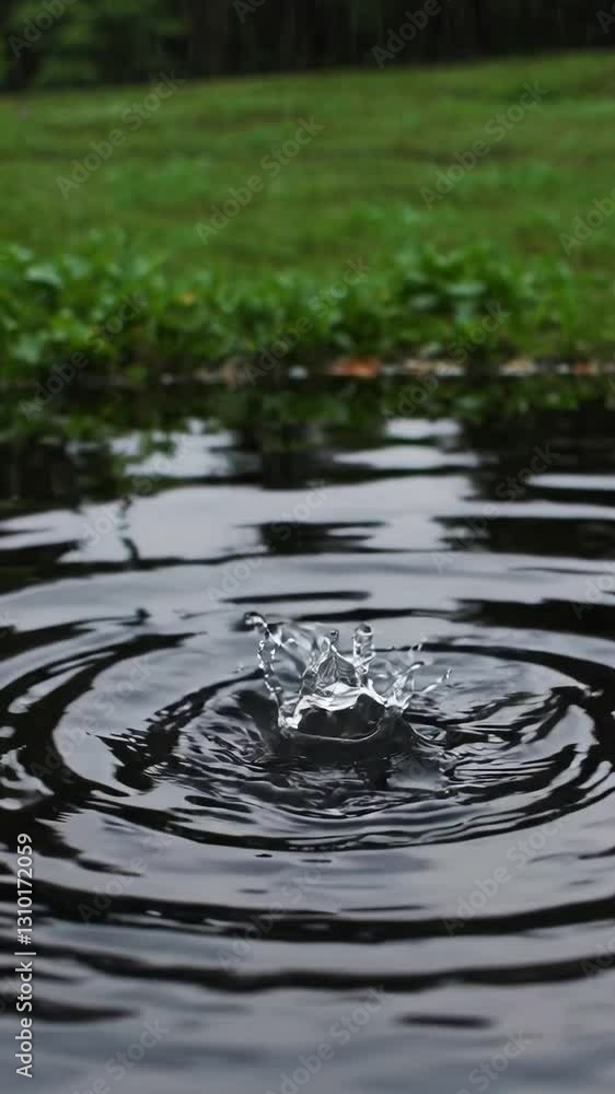A pebble disturbs the calm surface of a serene pond, creating beautiful ripples and splashes as clear water droplets rise. The surrounding greenery enhances the peaceful scene. A pebble disturbs the calm surface of a serene pond, creating beautiful ripples and splashes as clear water droplets rise. The surrounding greenery enhances the peaceful scene.