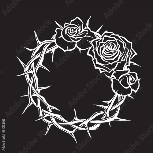 crown of thorns with bouquet of roses isolated on black background