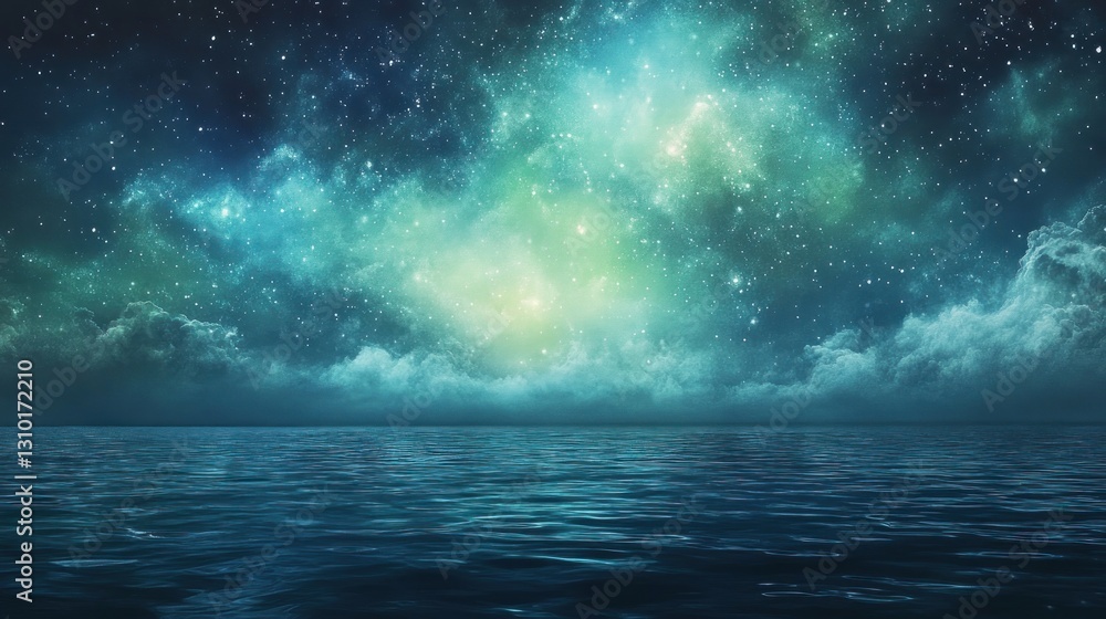 Fototapeta premium A mesmerizing night sky over a tranquil ocean, filled with vibrant nebulae and twinkling stars