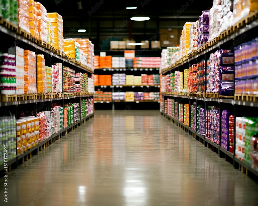 Fototapeta premium Grocery store aisle with packed shelves, warehouse interior, bright lighting