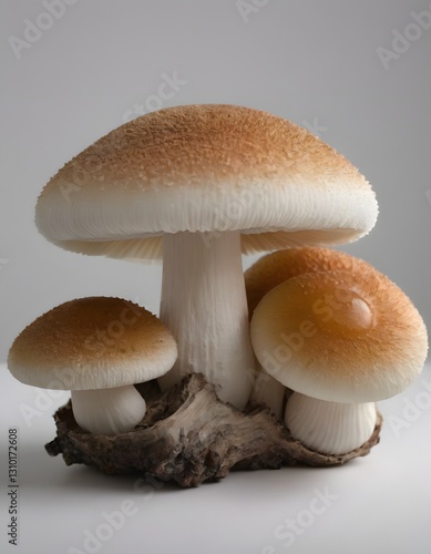 Three mushrooms on a white background