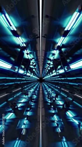 A captivating futuristic tunnel is filled with vibrant blue lights and reflections, creating an immersive visual experience ideal for creative projects, presentations, and digital art.