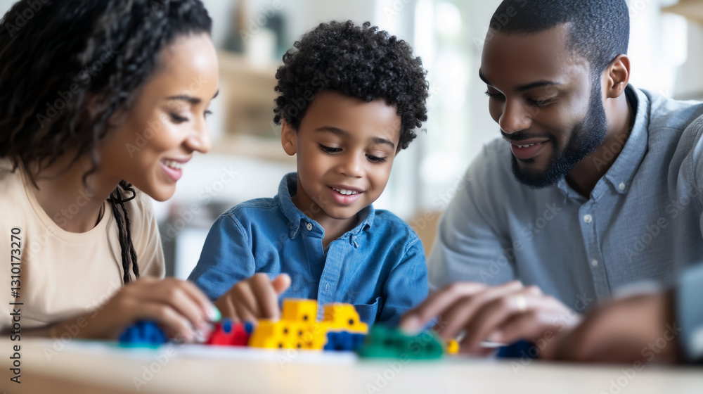 Family enjoys quality time together playing with colorful building blocks indoors Family enjoys quality time together playing with colorful building blocks indoors