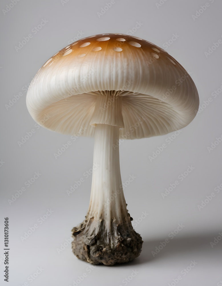 A mushroom with a white cap and brown spots on a white background A mushroom with a white cap and brown spots on a white background
