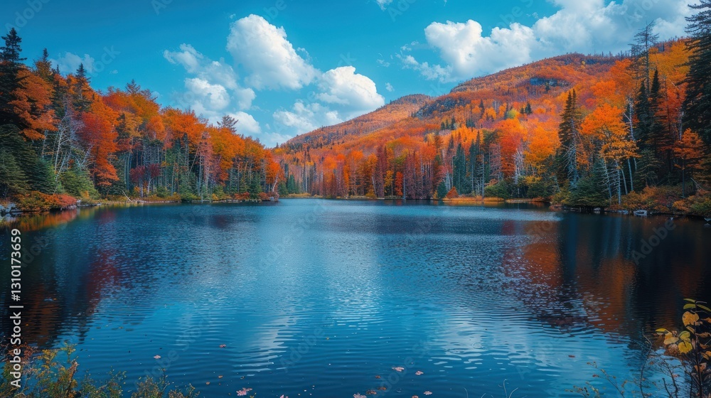 Fototapeta premium Autumn forest reflected in calm lake with cloudy sky