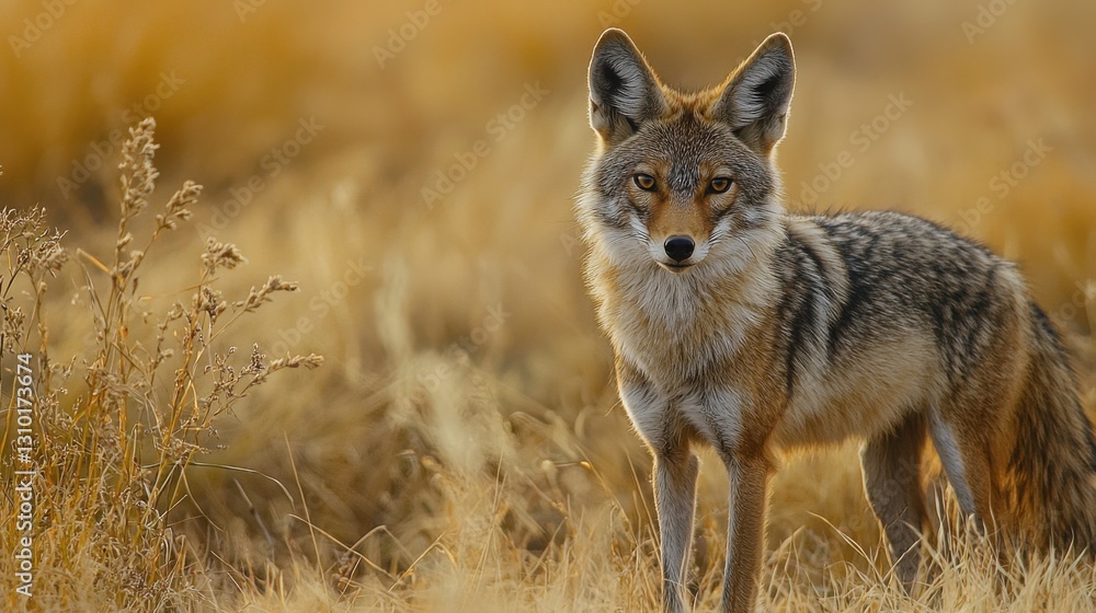 Obraz premium A coyote stands in a field of tall, dry grass, its fur the color of the setting sun. The animal's gaze is intense, capturing a moment of wild beauty.