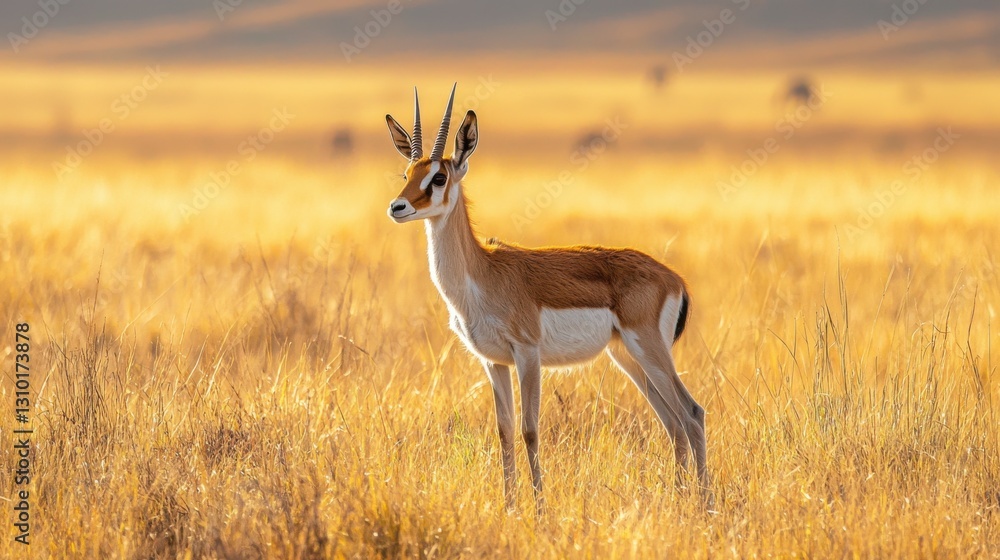 A young gazelle stands in a field of tall, golden grass, bathed in the warm light of the setting sun. The serene atmosphere creates a stunning wildlife scene. A young gazelle stands in a field of tall, golden grass, bathed in the warm light of the setting sun. The serene atmosphere creates a stunning wildlife scene.