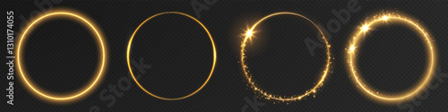 Glowing golden ring with swirling neon light trails and luminous energy effects. A high-quality vector illustration featuring a bright circular swirl of radiant golden light, creating a magic