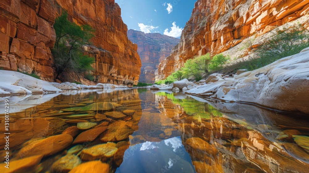 Canyon river reflecting colorful cliffs and sky Canyon river reflecting colorful cliffs and sky
