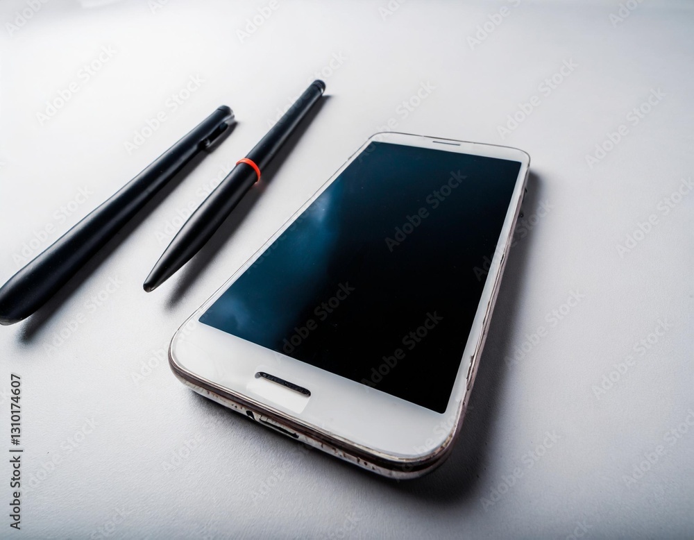 Smartphone and Stylus Displayed on a Clean White Background Smartphone and Stylus Displayed on a Clean White Background