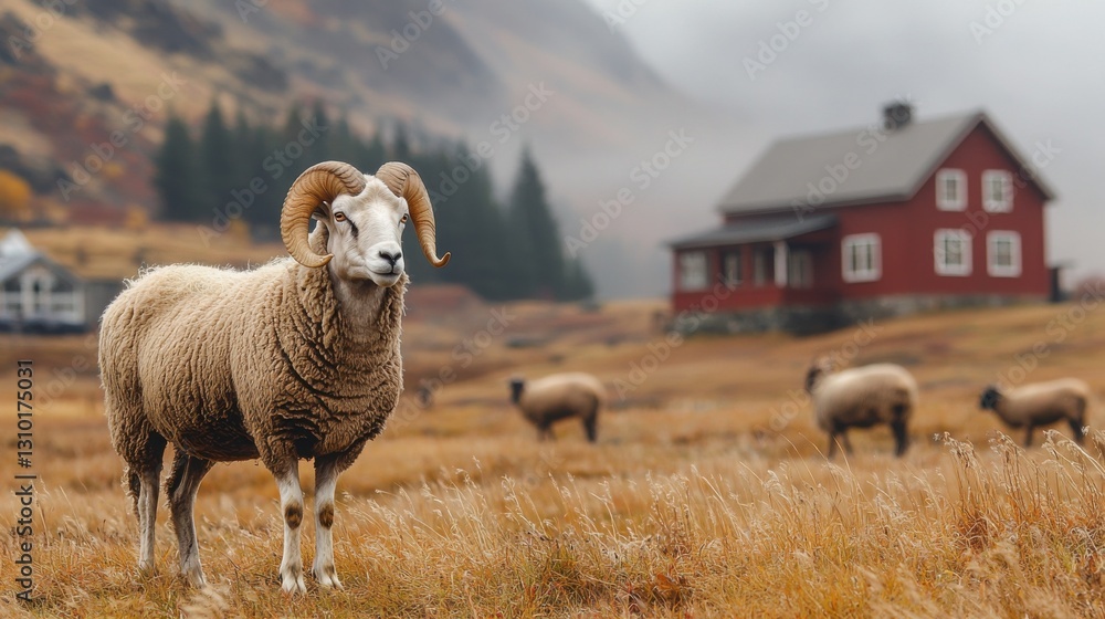 Obraz premium A majestic ram with large curled horns stands in a field of tall grass, with a red farmhouse and rolling hills in the background. The scene is peaceful and serene.