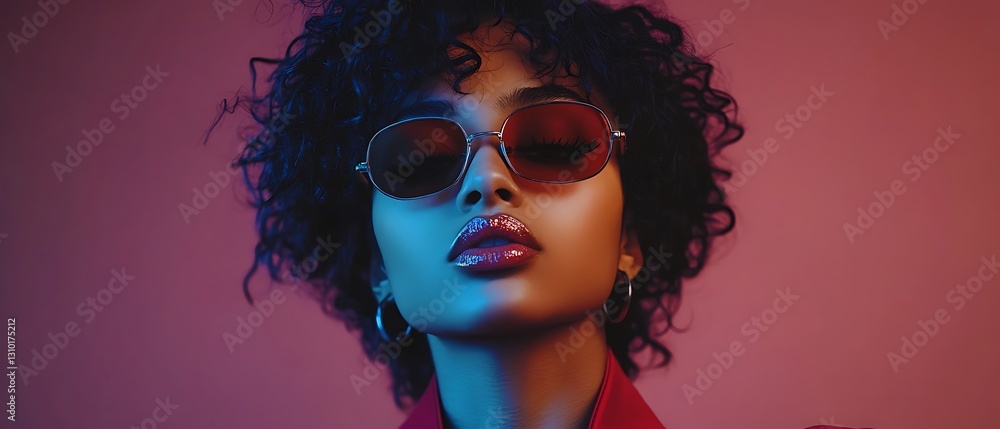 Obraz premium Woman with sunglasses poses in front of a pink background with blue lighting for ads