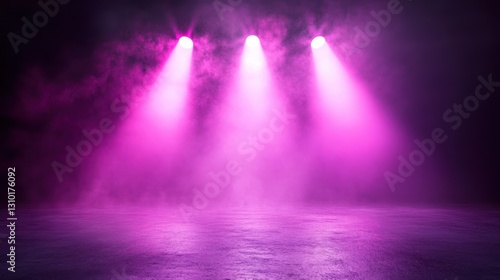 Three purple spotlights illuminate a smoky, dark room.