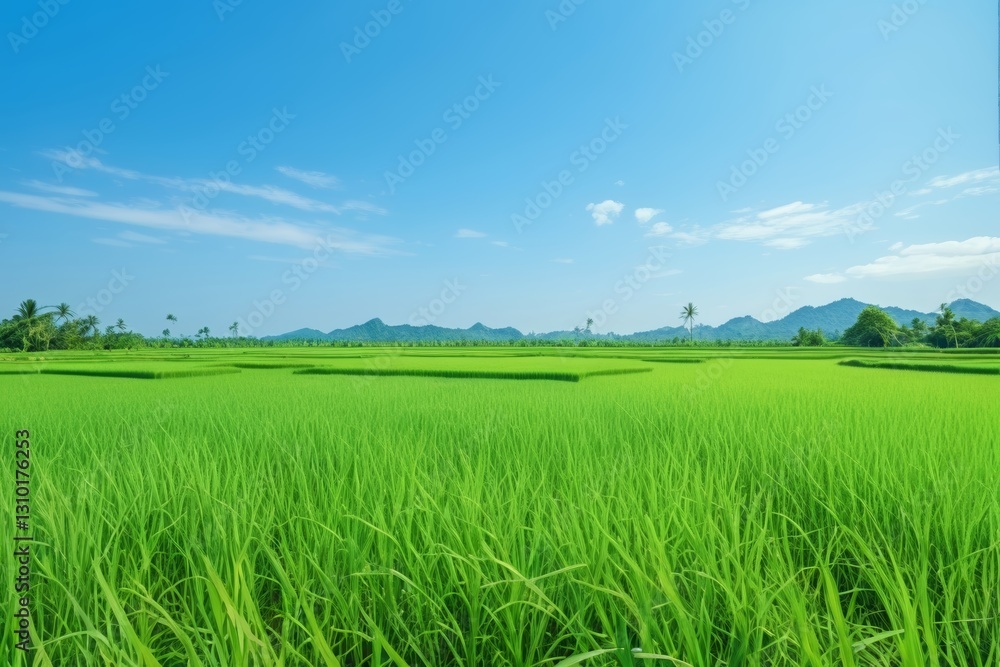 Obraz premium arafed view of a green field with mountains in the background