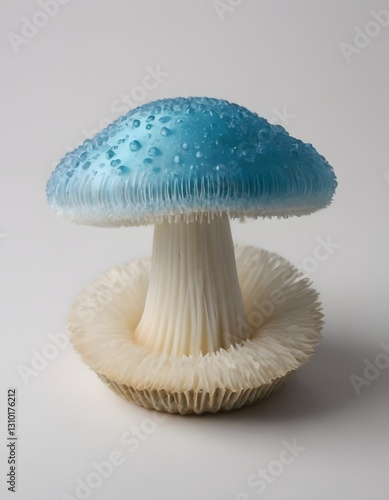 A uniquely shaped, frosted mushroom-like object with a blue top and white base