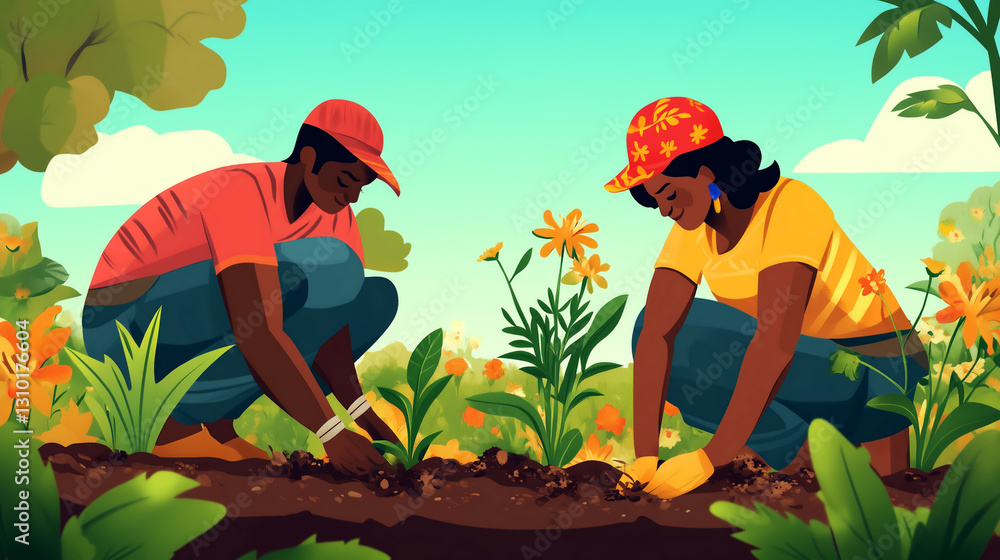 Two gardeners planting flowers in a vibrant community garden during sunny afternoon Two gardeners planting flowers in a vibrant community garden during sunny afternoon