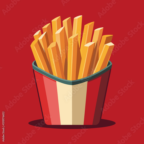 A vibrant illustration of crispy golden fries in a container against a red backdrop
