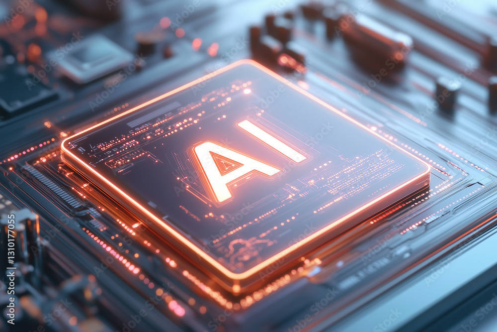 Obraz premium Close-up of an AI-powered microchip glowing on a futuristic circuit board, symbolizing machine learning and advanced computing. 