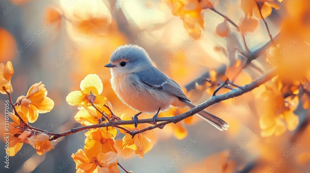 A tiny blue and gray bird perches delicately on a branch adorned with vibrant golden blossoms, bathed in the warm glow of the setting sun. A serene moment in nature. A tiny blue and gray bird perches delicately on a branch adorned with vibrant golden blossoms, bathed in the warm glow of the setting sun. A serene moment in nature.