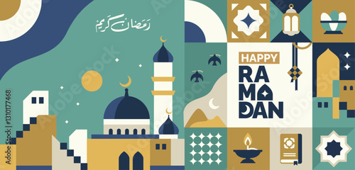 geometric ramadan kareem illustration, refreshing pastel colored ramadan and islamic icons collection, mosque, quran, lantern, bright colored islamic symbols patterns