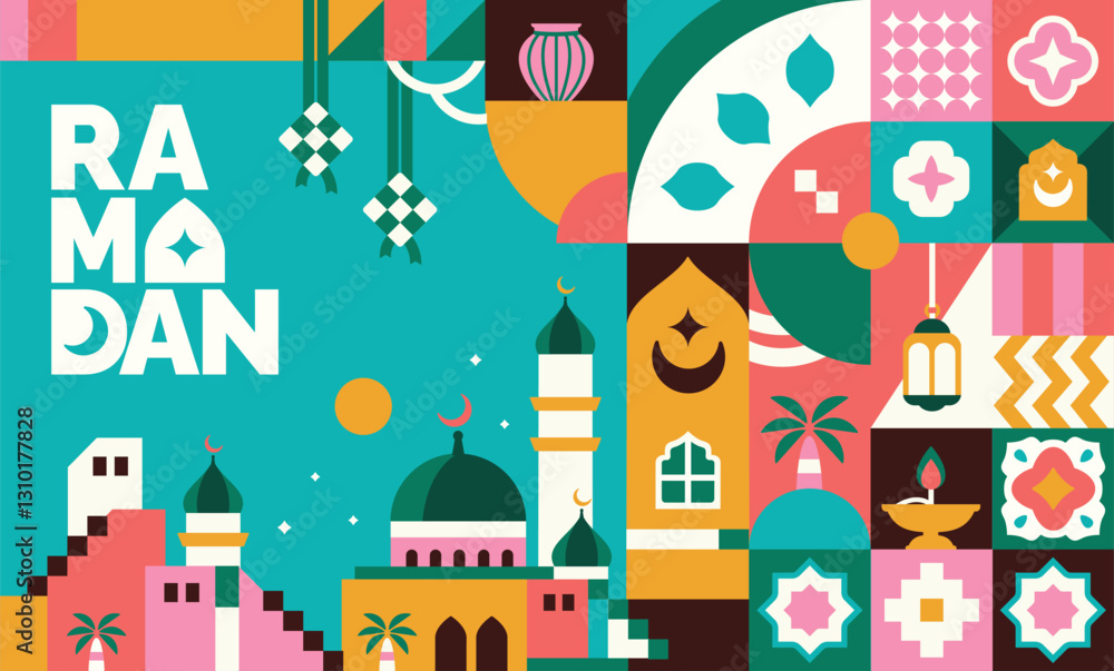 Fototapeta premium collection of colorful ramadan kareem icons and islamic themed pattern illustrations