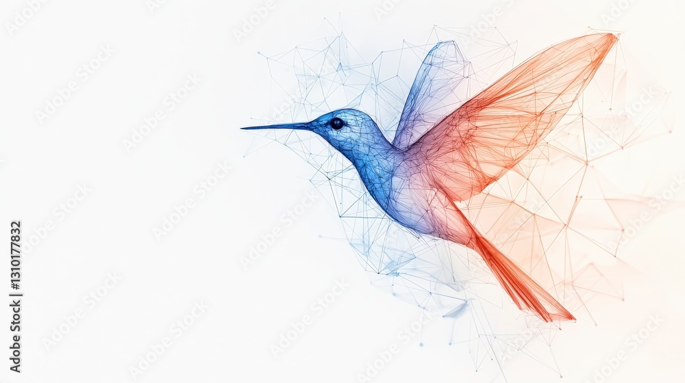 A vibrant, artistic illustration of a hummingbird in blue and red tones against a soft background. A vibrant, artistic illustration of a hummingbird in blue and red tones against a soft background.