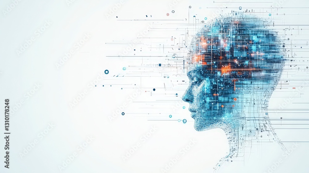 Fototapeta premium Digital art representation of a human head composed of abstract lines and glowing elements, symbolizing technology and intelligence.