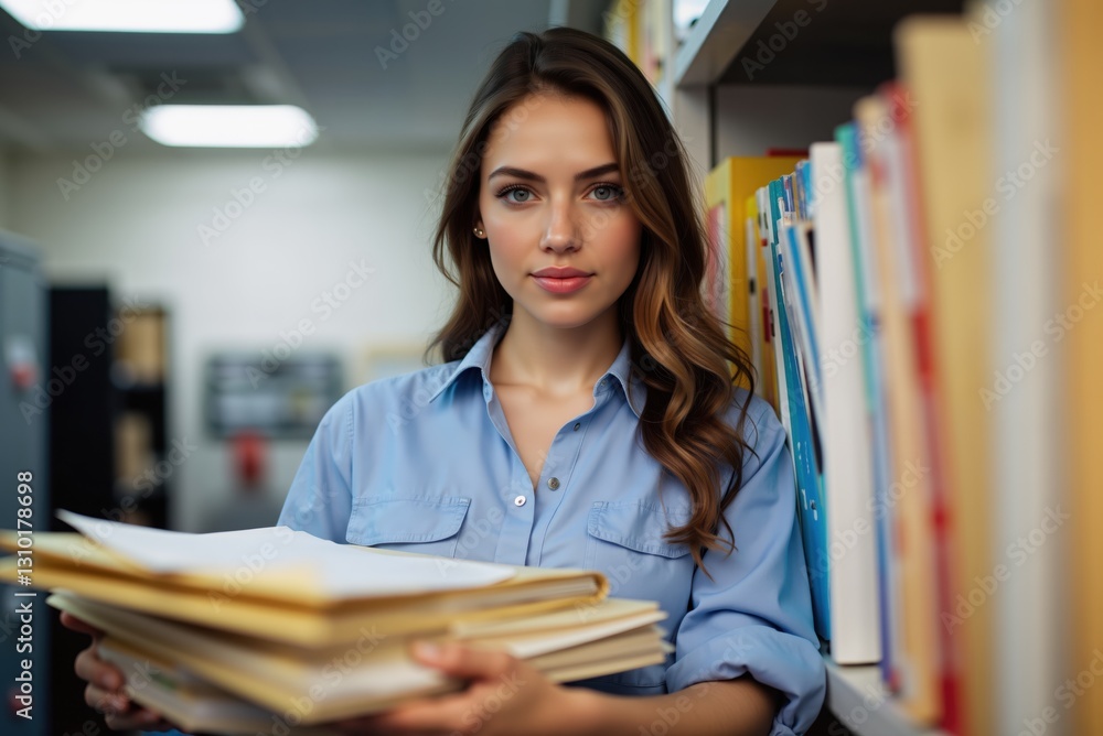 Young woman librarian holding a stack of books and files in a library or archive Young woman librarian holding a stack of books and files in a library or archive