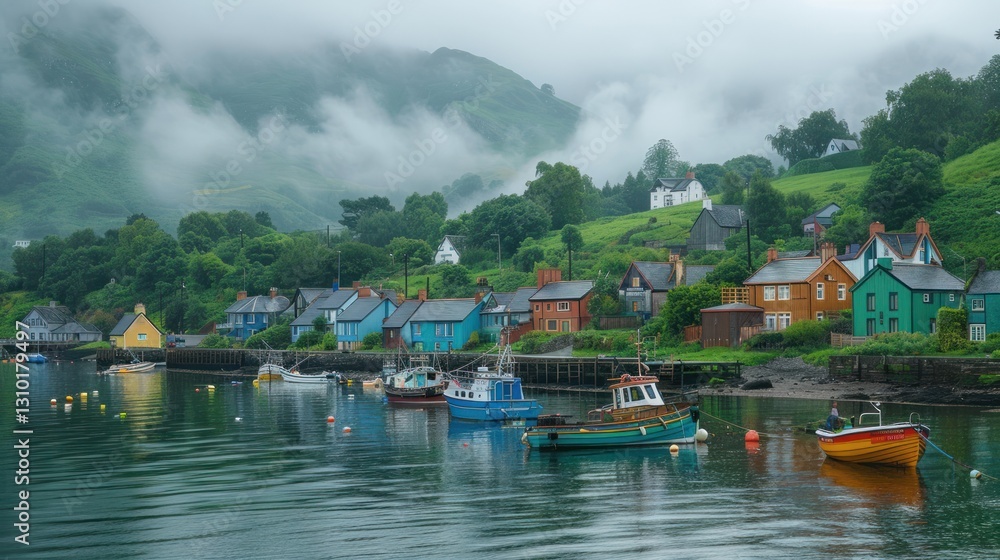 Naklejka premium Colorful harbor village with boats, misty mountains, and fog