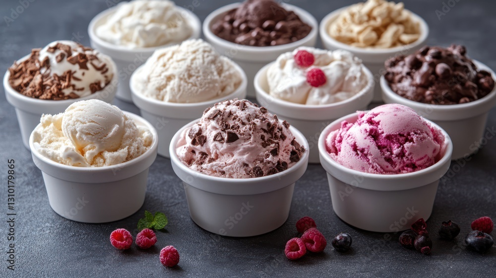 Assorted ice cream scoops in bowls. Assorted ice cream scoops in bowls.