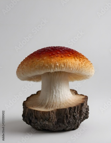 A single, isolated mushroom on a white background