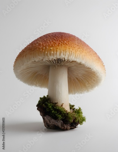A single, majestic mushroom stands against a stark white background.