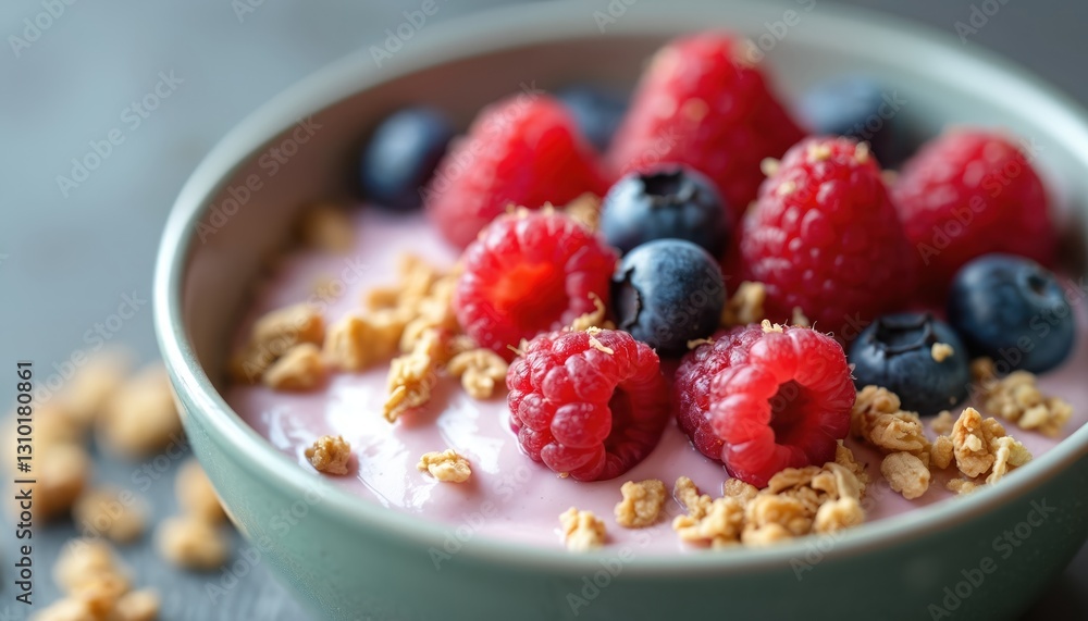 Delicious yogurt bowl topped with fresh raspberries, blueberries and crunchy granola. Perfect for healthy breakfast or light snack. Organic oatmeal, berries and yogurt for diet, sweet meal. Delicious yogurt bowl topped with fresh raspberries, blueberries and crunchy granola. Perfect for healthy breakfast or light snack. Organic oatmeal, berries and yogurt for diet, sweet meal.