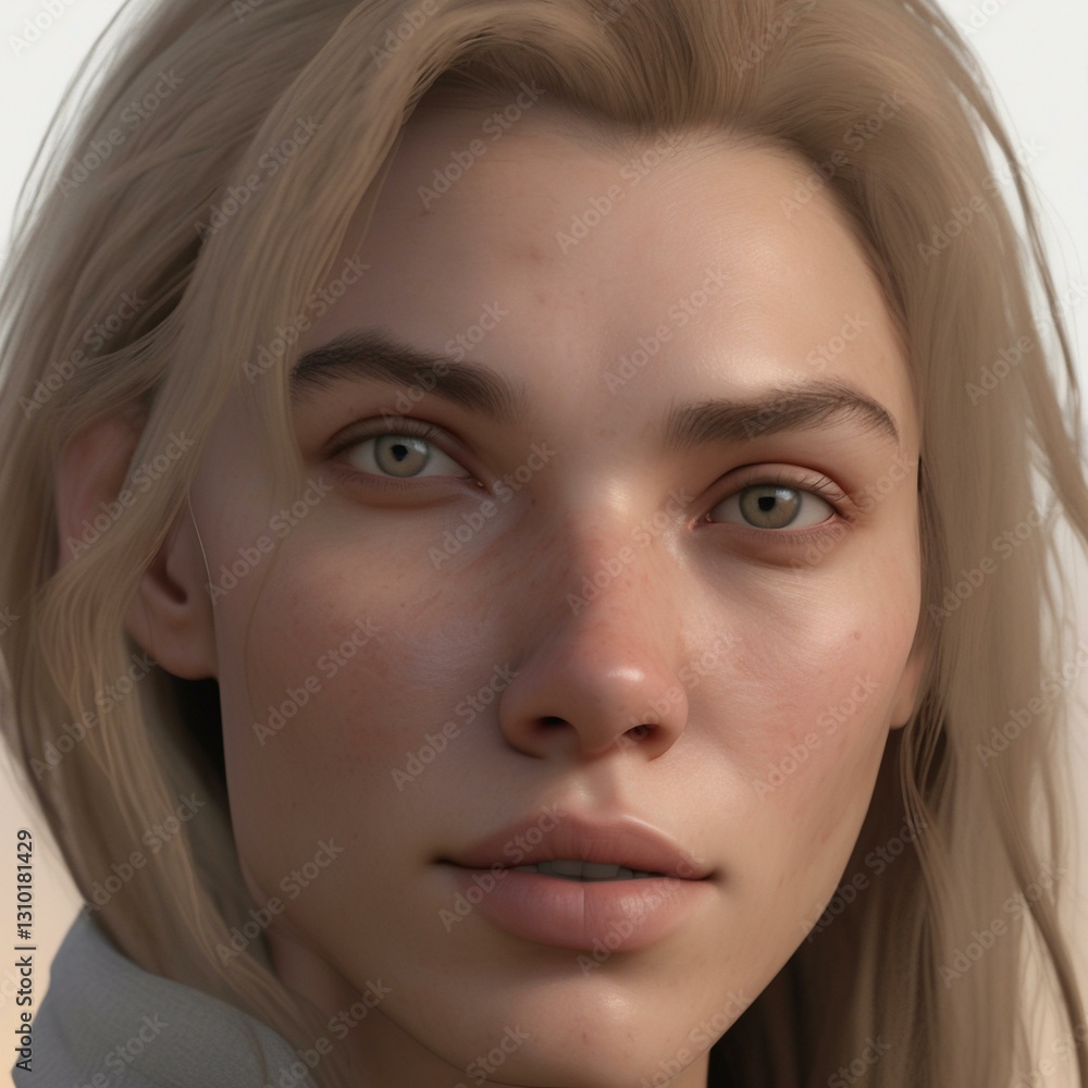 Fototapeta premium A highly detailed, hyper-realistic close-up portrait of an AI-generated human face. This digital artwork features lifelike skin textures, expressive eyes, and natural lighting.