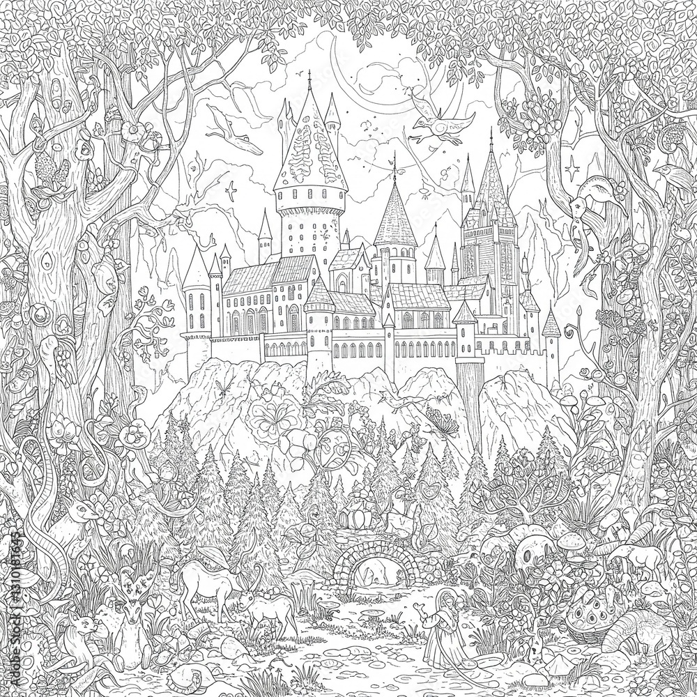 Fototapeta premium Where darkness dances with wonder. Explore a world of strange beasts and hidden magic in this captivating coloring book page.