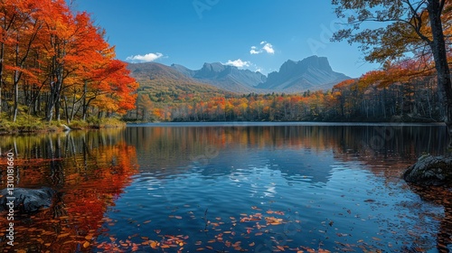 Autumn lake reflection with colorful foliage and mountain backdrop