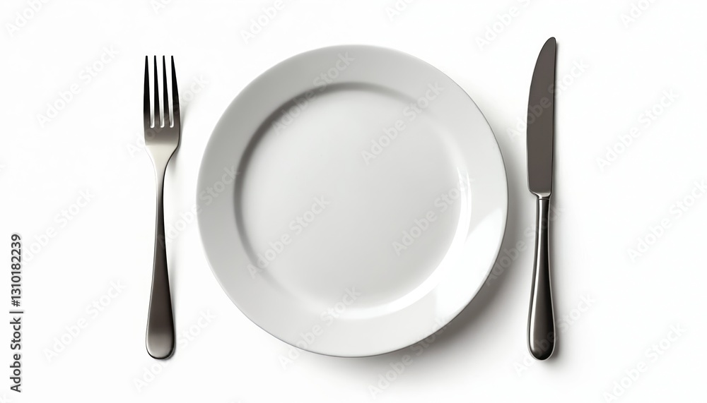 Isolated empty white plate with fork, knife. Dining place setting with shiny silverware cutlery. Cut-out dinner round service sparse stainless steel, copy space lunch, eatery serving. Clean tableware Isolated empty white plate with fork, knife. Dining place setting with shiny silverware cutlery. Cut-out dinner round service sparse stainless steel, copy space lunch, eatery serving. Clean tableware