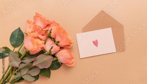 pink and orange bouquet of roses with love letter and envelope