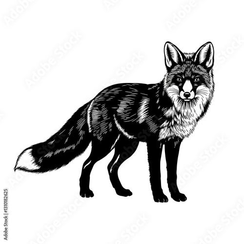black and white illustration of a detailed and realistic wild fox standing