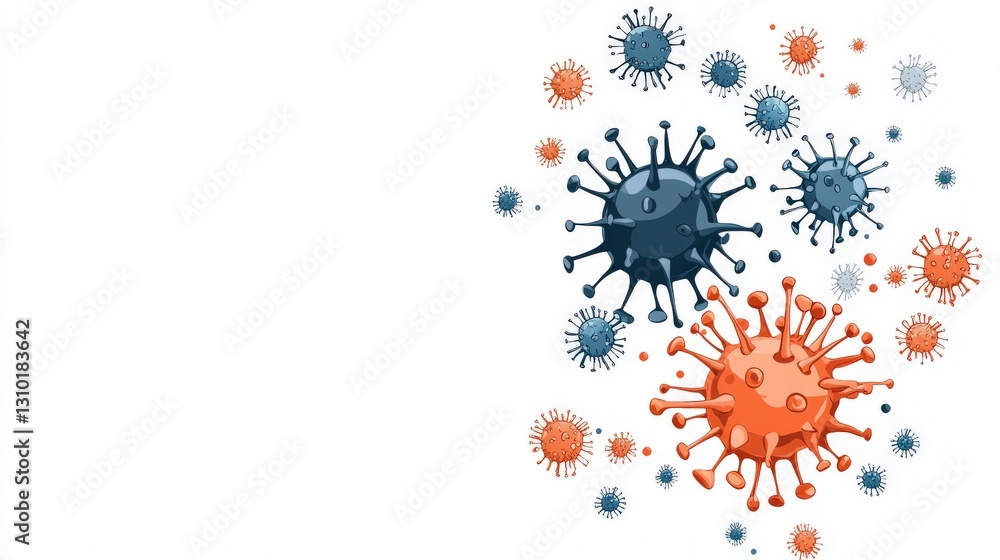 Colorful virus illustrations on a white background, representing microorganisms in a scientific or health context. Colorful virus illustrations on a white background, representing microorganisms in a scientific or health context.