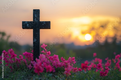 Cross silhouette against sunrise sky with spring flowers in foreground